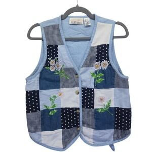 Casey Max Womens Blue Patchwork Cotton‎ Vest Size Small Embroidered Cottagecore